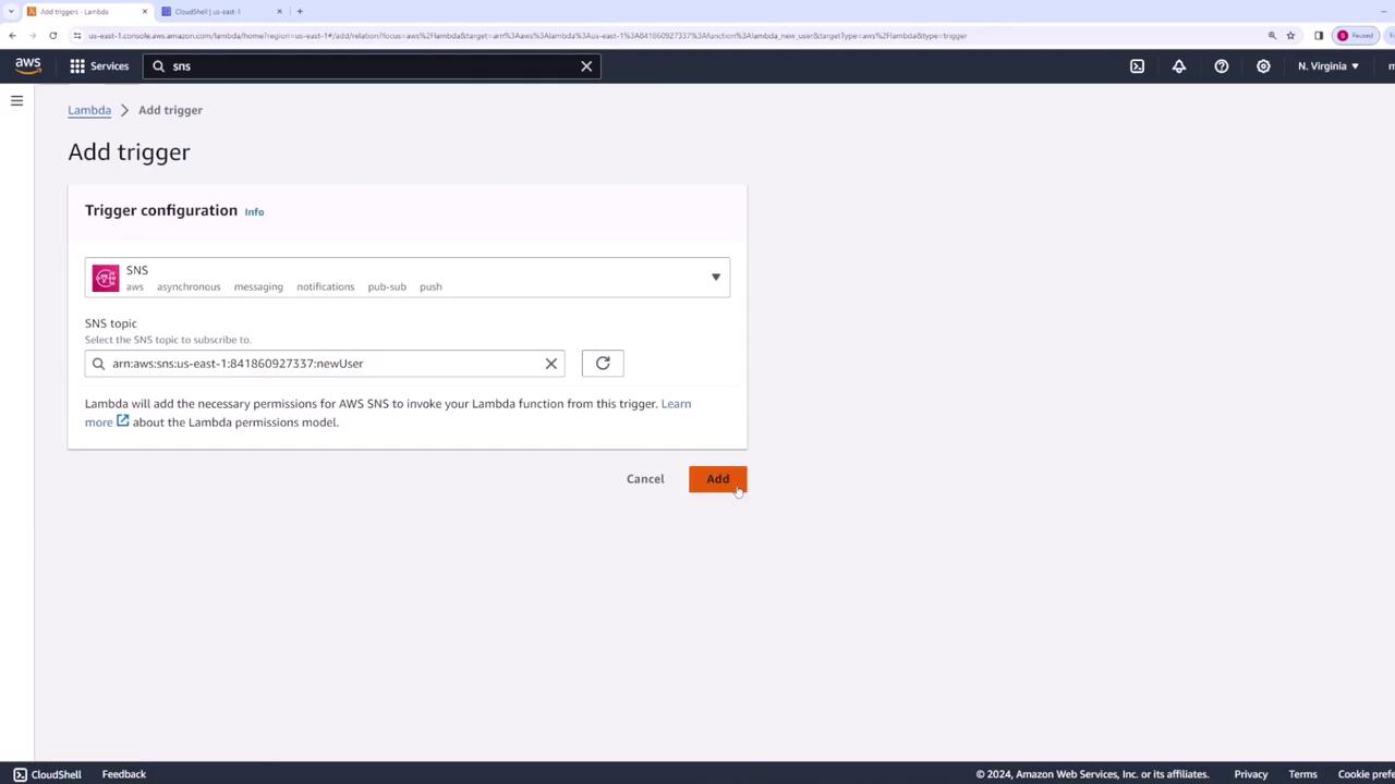 The image shows an AWS Lambda interface where a trigger is being added, specifically an SNS topic with an ARN provided. The "Add" button is highlighted, indicating the action to add the trigger.