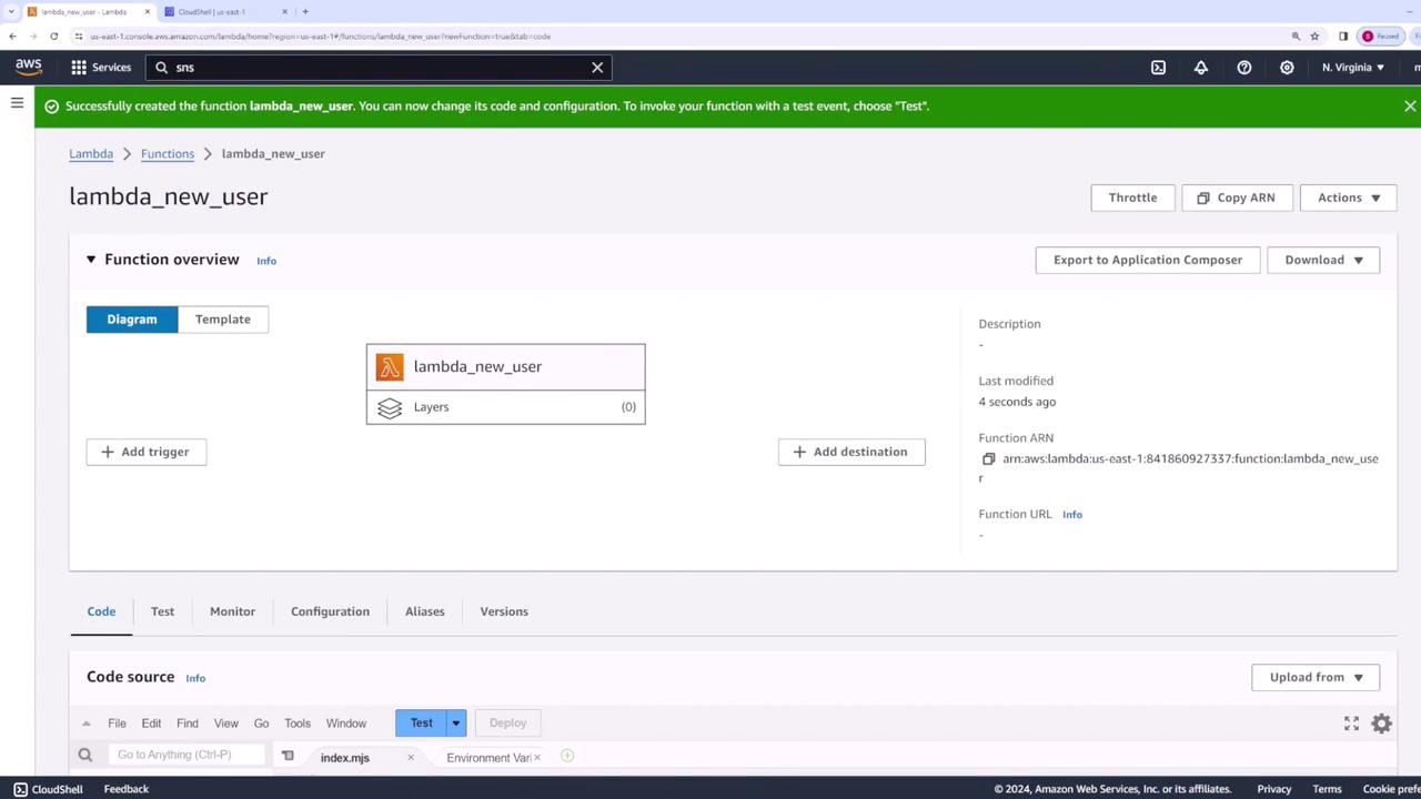 The image shows an AWS Lambda console with a function named "lambda_new_user" successfully created. It includes options to add triggers, destinations, and view function details like ARN and last modified time.