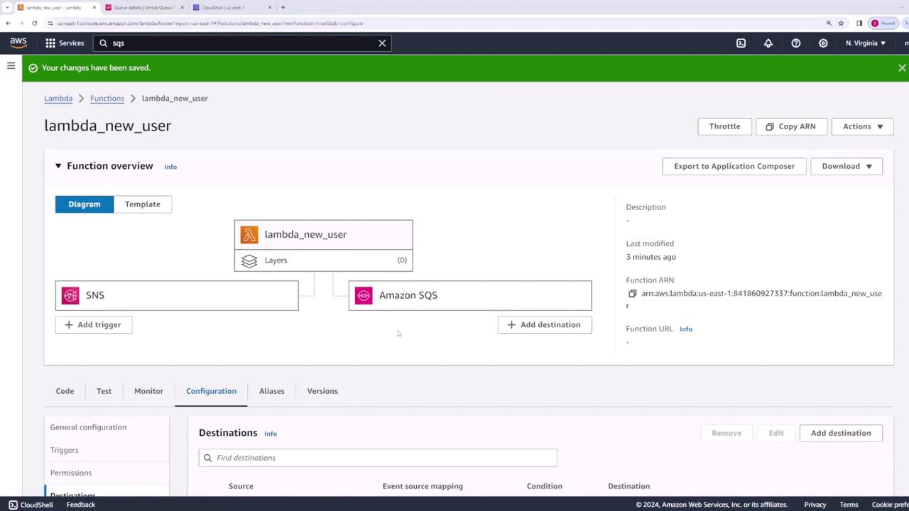 The image shows an AWS Lambda function configuration page for "lambda_new_user," with a diagram illustrating its integration with SNS and Amazon SQS.