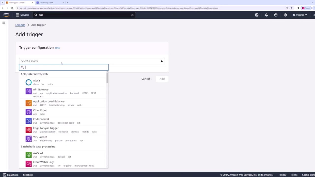 The image shows an AWS Lambda interface where a user is adding a trigger, with a dropdown menu listing various AWS services like Alexa, API Gateway, and CloudFront.