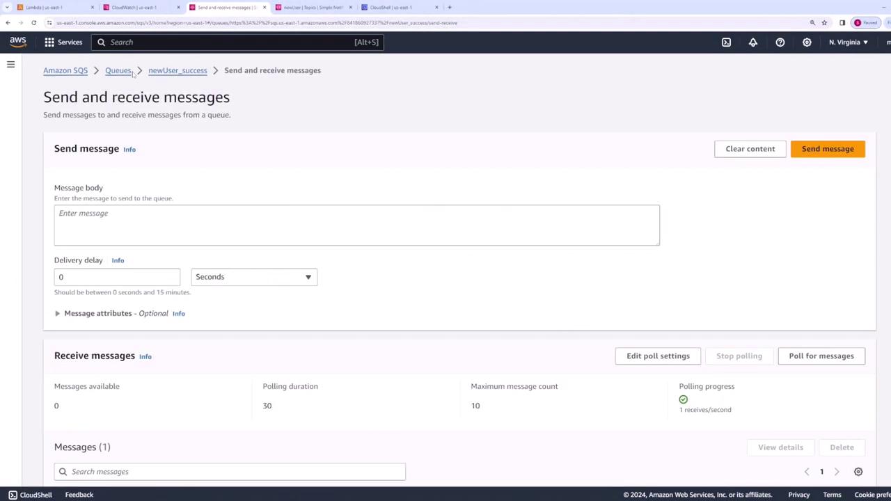 The image shows an Amazon Web Services (AWS) Simple Queue Service (SQS) interface for sending and receiving messages. It includes fields for entering a message body, setting a delivery delay, and options for polling messages.