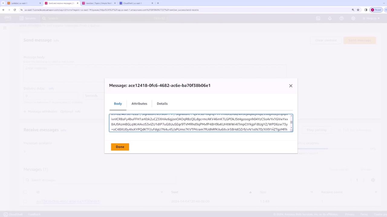 The image shows a pop-up window displaying a message with a unique identifier and a body of encoded text, likely from a cloud service interface. The background appears to be a web page with options for sending and receiving messages.