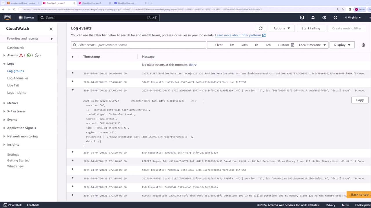 The image shows an AWS CloudWatch Log Events page displaying log entries with timestamps and messages. The interface includes options for filtering and managing log data.