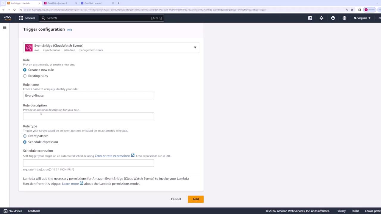 The image shows an AWS Lambda interface for configuring a trigger using EventBridge (CloudWatch Events). It includes options to create a new rule, set a rule name, and choose a schedule expression.