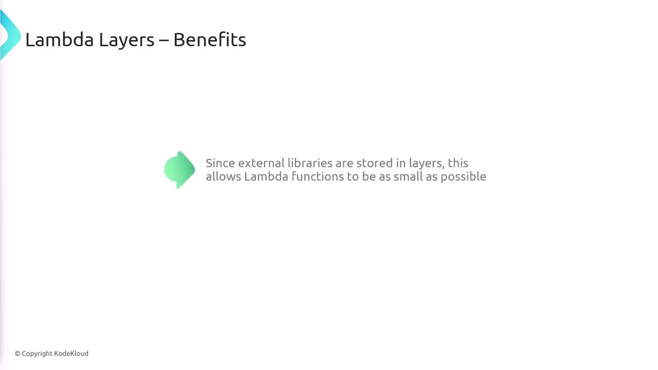 The image is a slide titled "Lambda Layers – Benefits," explaining that storing external libraries in layers allows Lambda functions to remain small.