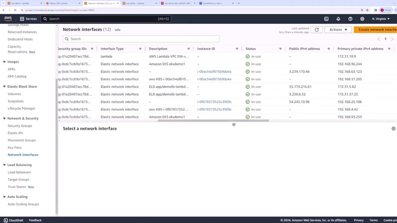 The image shows an AWS console displaying a list of network interfaces, including details like security group IDs, interface type, instance ID, status, and IP addresses. The interface types include Elastic network interfaces and AWS Lambda VPC ENI.