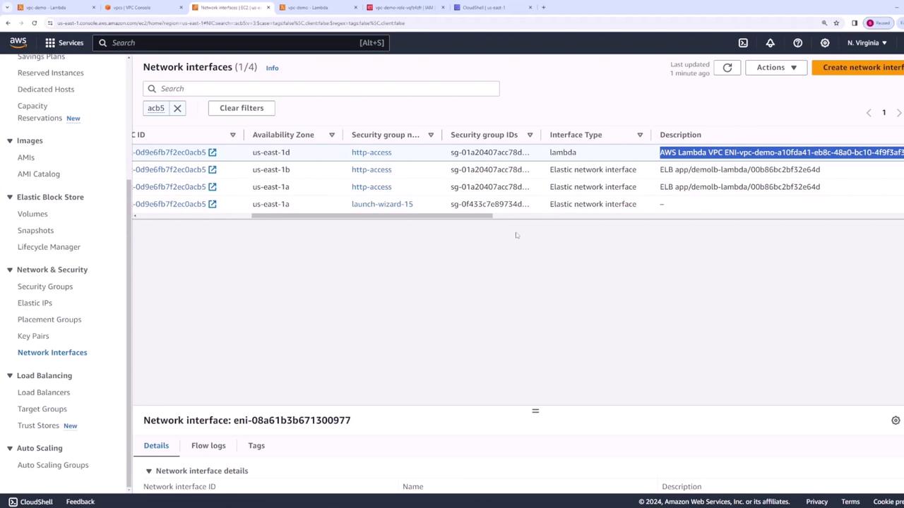 The image shows an AWS console interface displaying a list of network interfaces, including details like interface IDs, availability zones, security groups, and descriptions.
