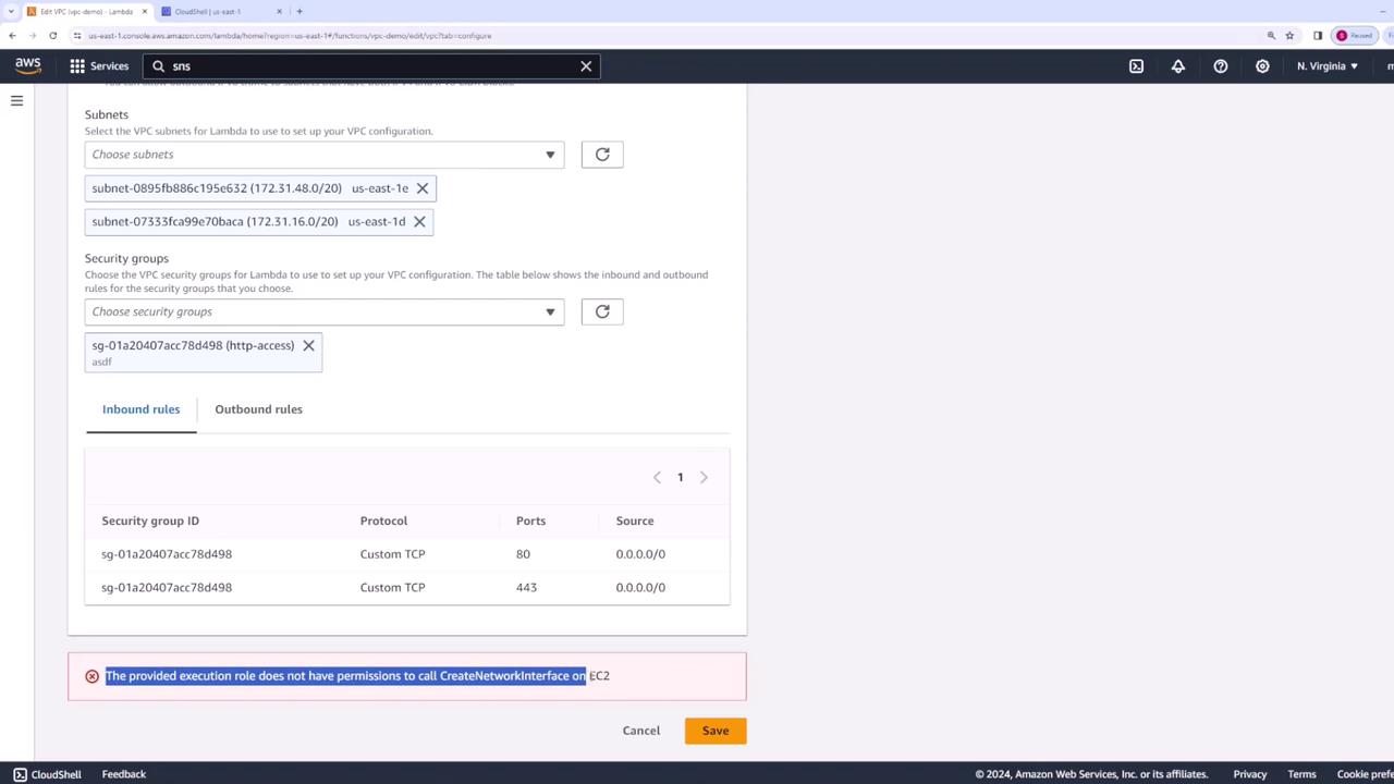 The image shows an AWS Lambda configuration screen where subnets and security groups are being set up. An error message indicates that the execution role lacks permissions to call `CreateNetworkInterface` on EC2.