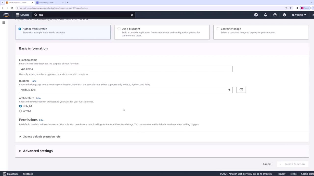 The image shows the AWS Lambda function creation page, where options for authoring from scratch, using a blueprint, or a container image are available. It includes fields for function name, runtime selection, architecture choice, and permissions settings.