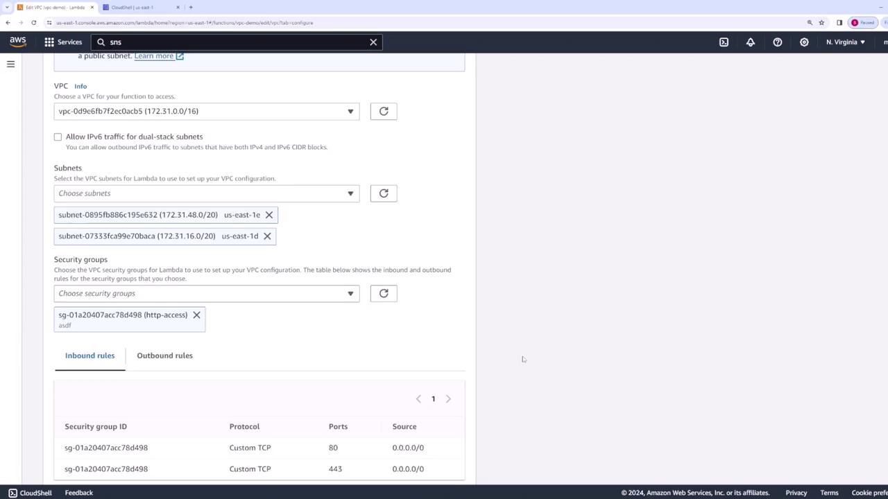 The image shows an AWS Lambda configuration screen where a VPC, subnets, and security groups are being set up. It includes details about inbound rules for specific ports.