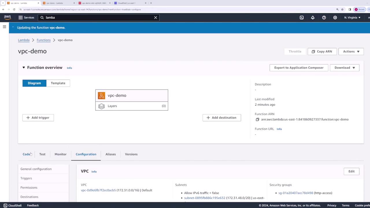 The image shows an AWS Lambda console screen for a function named "vpc-demo," displaying its configuration details, including VPC settings and subnets.