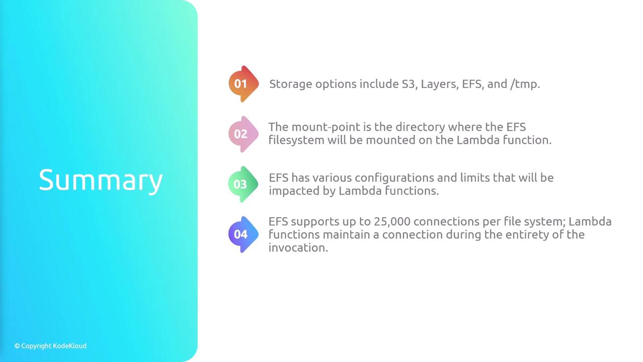 The image is a summary slide detailing storage options and configurations for EFS in Lambda functions, including connection limits and mount-point information. It features a gradient background with numbered points.