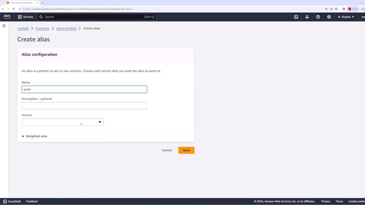 The image shows an AWS Lambda interface for creating an alias, with fields for name, description, and version selection. The alias name is set to "prod."