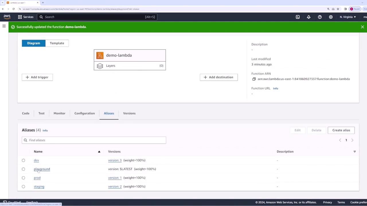 The image shows an AWS Lambda console interface with a function named "demo-lambda." It displays details about the function, including aliases like "dev," "playground," "prod," and "staging."