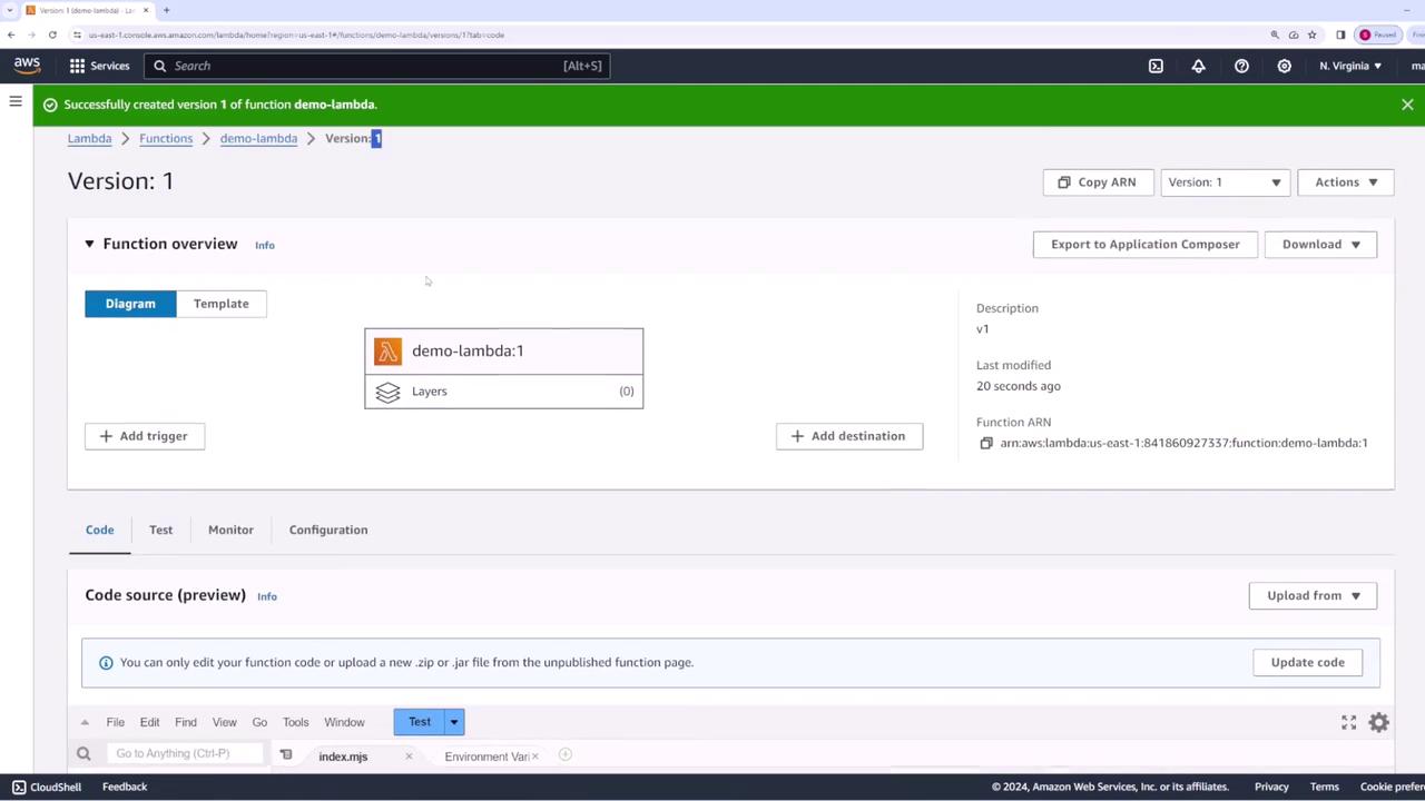 The image shows an AWS Lambda console with a function named "demo-lambda" at version 1. It includes options for adding triggers, destinations, and editing code.