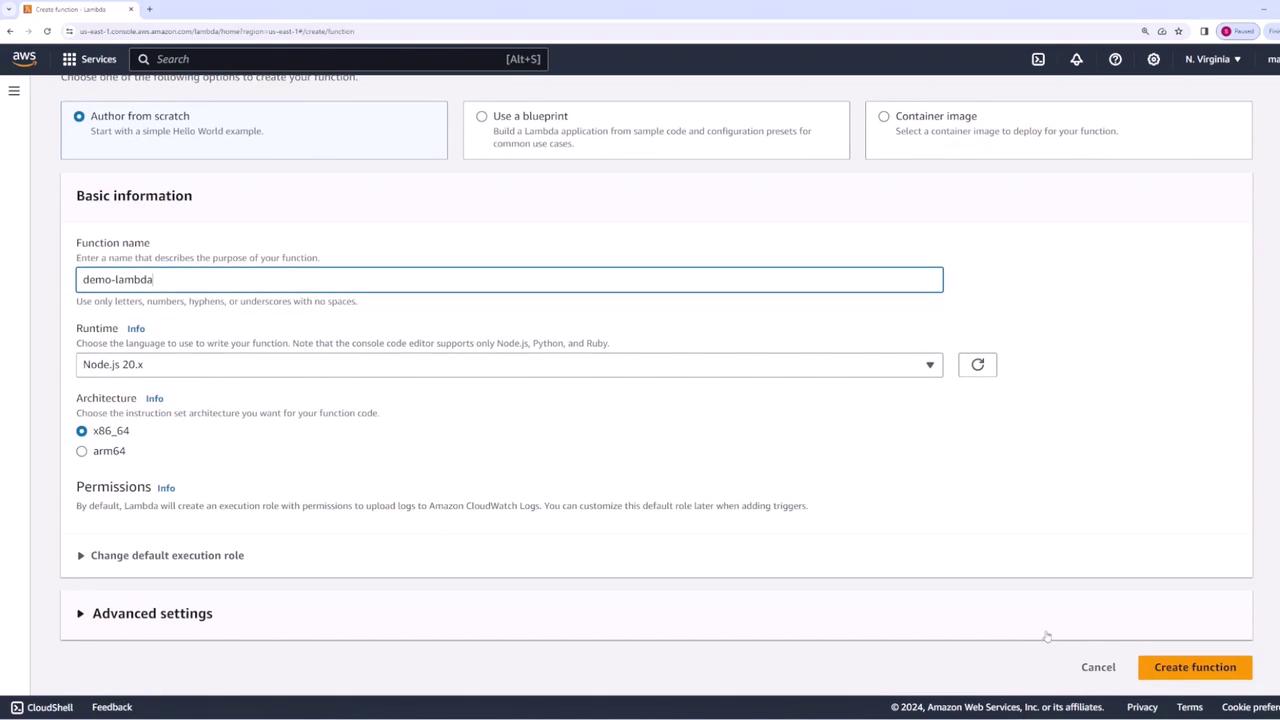 The image shows the AWS Lambda function creation page, where a function named "demo-lambda" is being set up with Node.js 20.x runtime and x86_64 architecture.