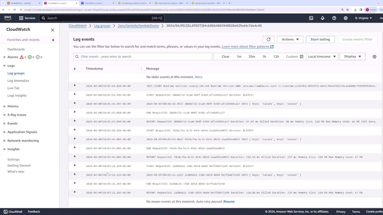 The image shows an AWS CloudWatch interface displaying log events for a Lambda function, with details such as timestamps, request IDs, and memory usage.