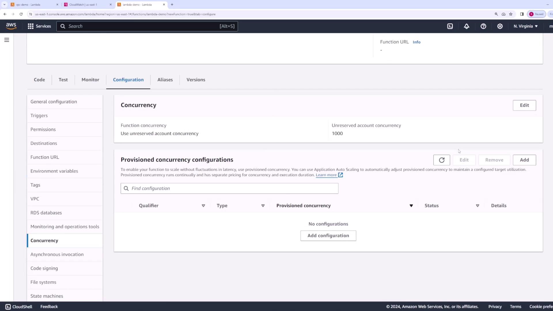 The image shows an AWS Lambda console page focused on concurrency settings, including options for function concurrency and provisioned concurrency configurations.
