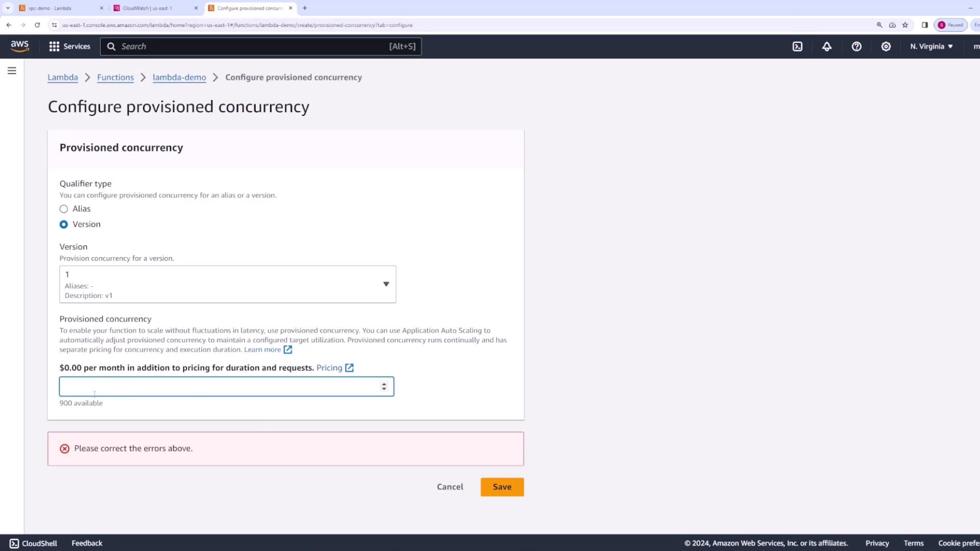 The image shows an AWS Lambda configuration page for setting up provisioned concurrency, with options to select a qualifier type and version, and a section for entering concurrency details. An error message is displayed at the bottom.