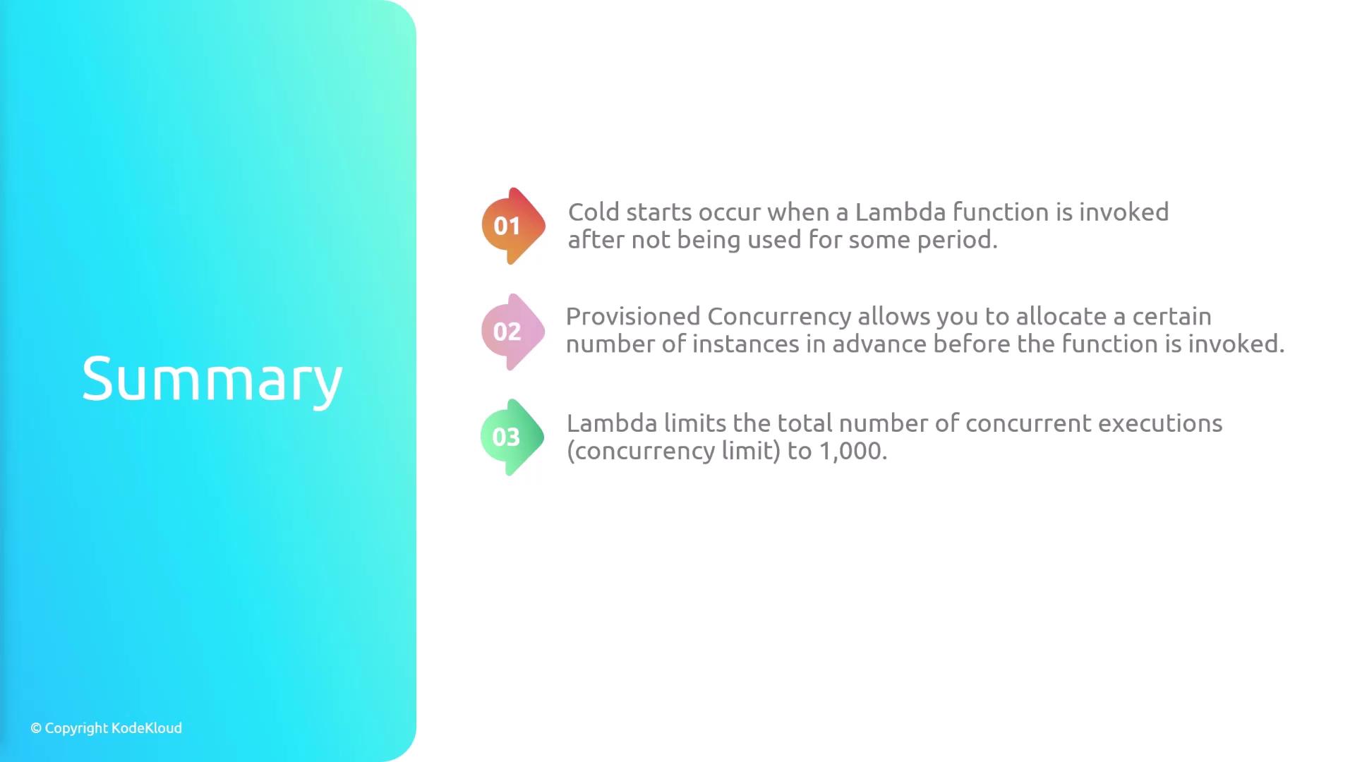 The image is a summary slide discussing AWS Lambda, highlighting cold starts, provisioned concurrency, and concurrency limits.