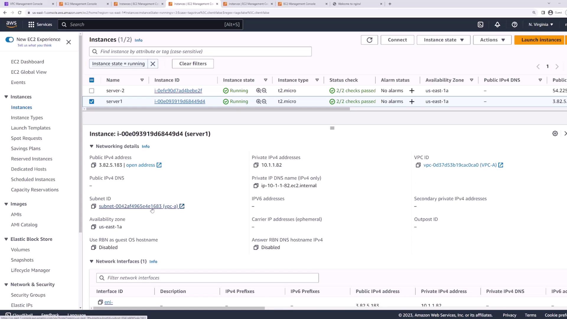 The image shows an AWS EC2 Management Console with two running instances, "server-2" and "server1," both of type t2.micro, displaying details for "server1" including its public and private IP addresses.