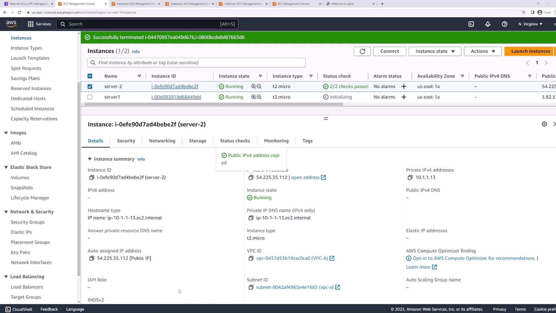 The image shows an AWS EC2 Management Console with two instances listed, both running with instance type t2.micro. The details of one instance, "server-2," are displayed, including its instance ID, IP addresses, and status.