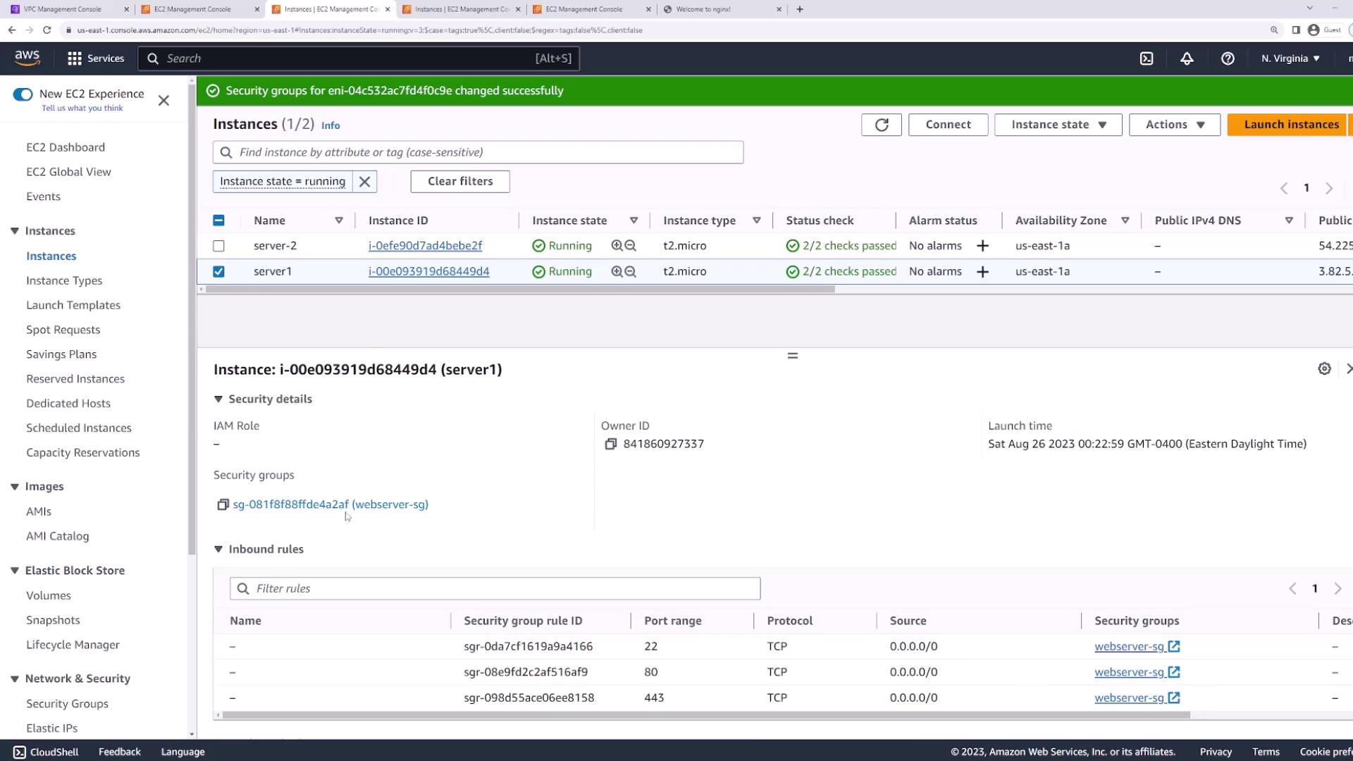 The image shows an AWS EC2 Management Console with two running instances, "server-2" and "server1," both of type t2.micro. The details for "server1" are displayed, including security group information and inbound rules for ports 22, 80, and 443.