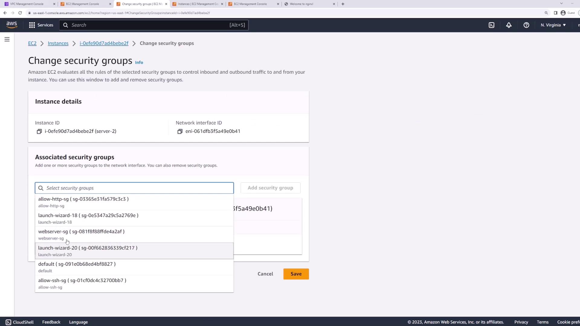 The image shows the AWS EC2 Management Console interface for changing security groups of an instance, with options to add or remove security groups.