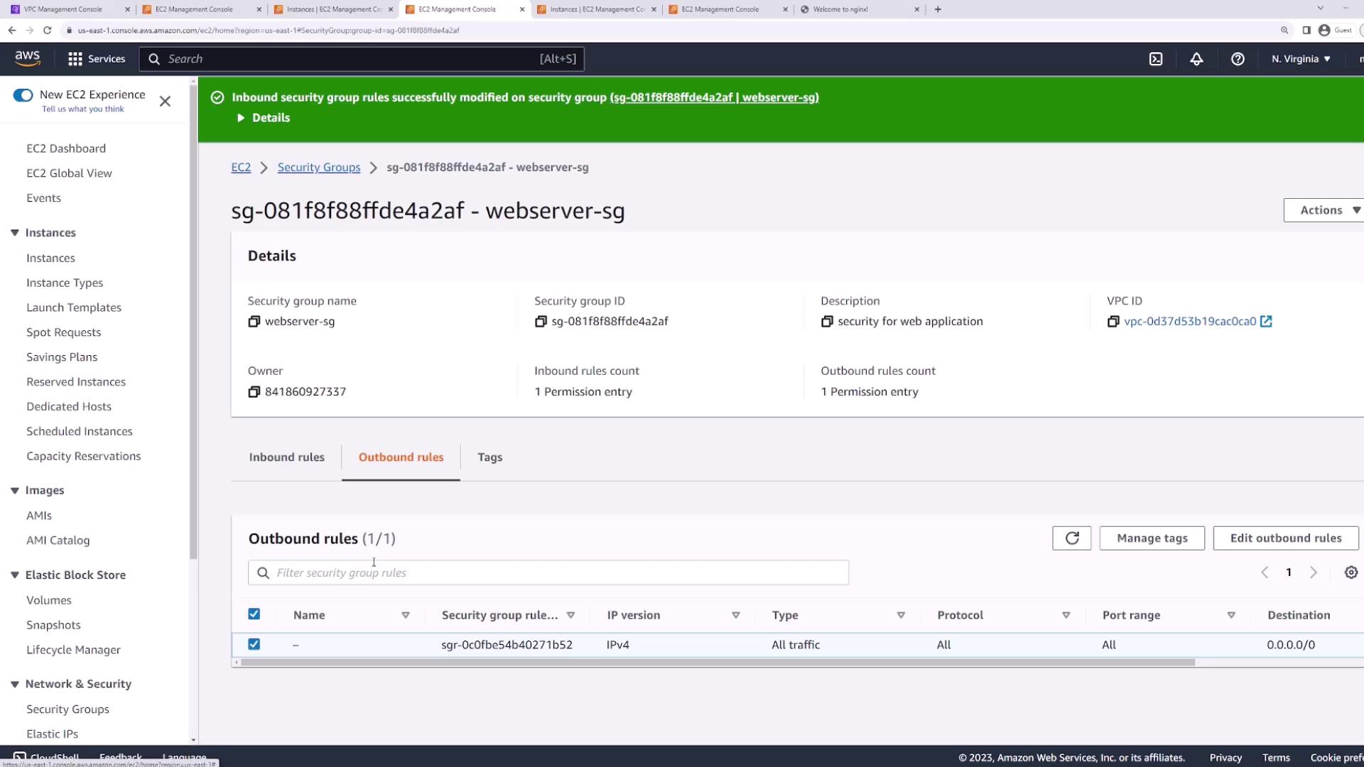 The image shows an AWS EC2 Management Console screen displaying details of a security group named "webserver-sg," including its inbound and outbound rules. The outbound rules section is highlighted, showing a rule allowing all traffic to destination 0.0.0.0/0.