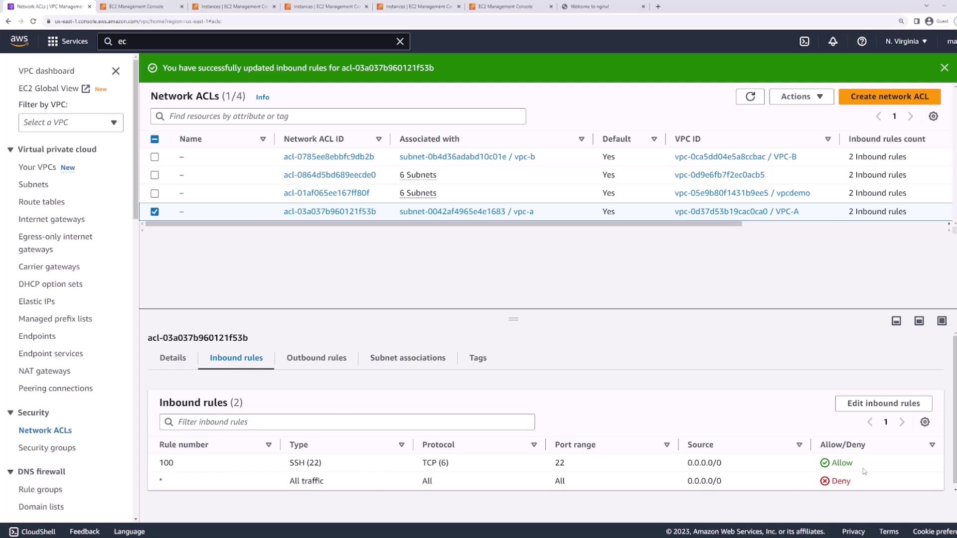 The image shows the AWS Management Console displaying the Network ACLs section, with details of inbound rules for a specific ACL, including rules for SSH and all traffic.