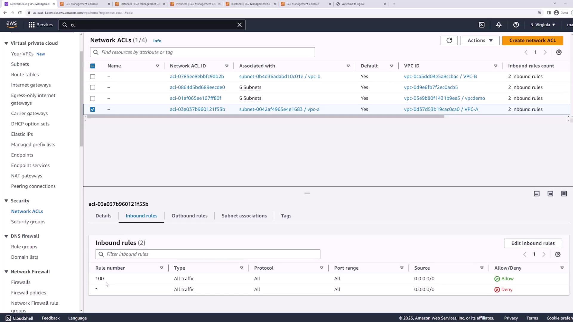 The image shows the AWS Management Console displaying the Network ACLs section, with details of inbound rules for a selected ACL. The interface lists various ACLs associated with subnets and their respective inbound rules.