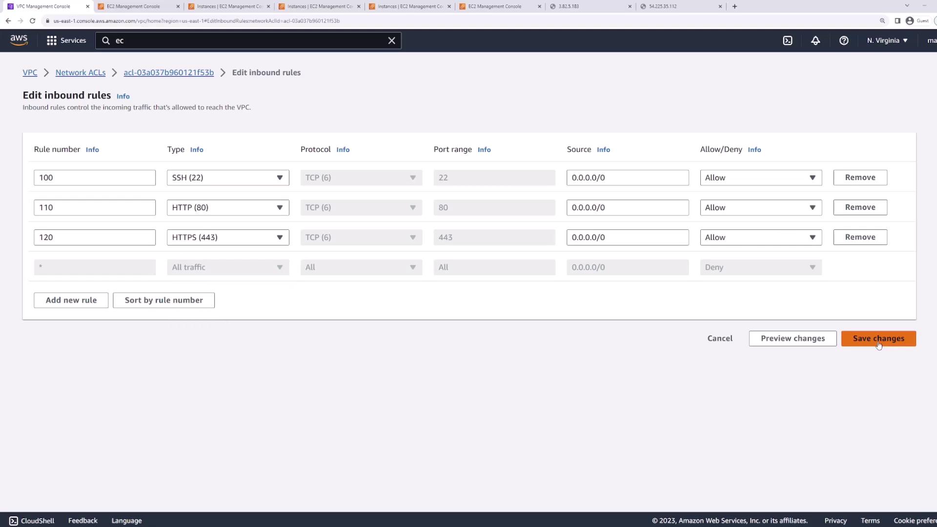 The image shows the AWS Management Console interface for editing inbound rules in a VPC network ACL. It lists rules for SSH, HTTP, and HTTPS traffic, with options to allow or deny access.