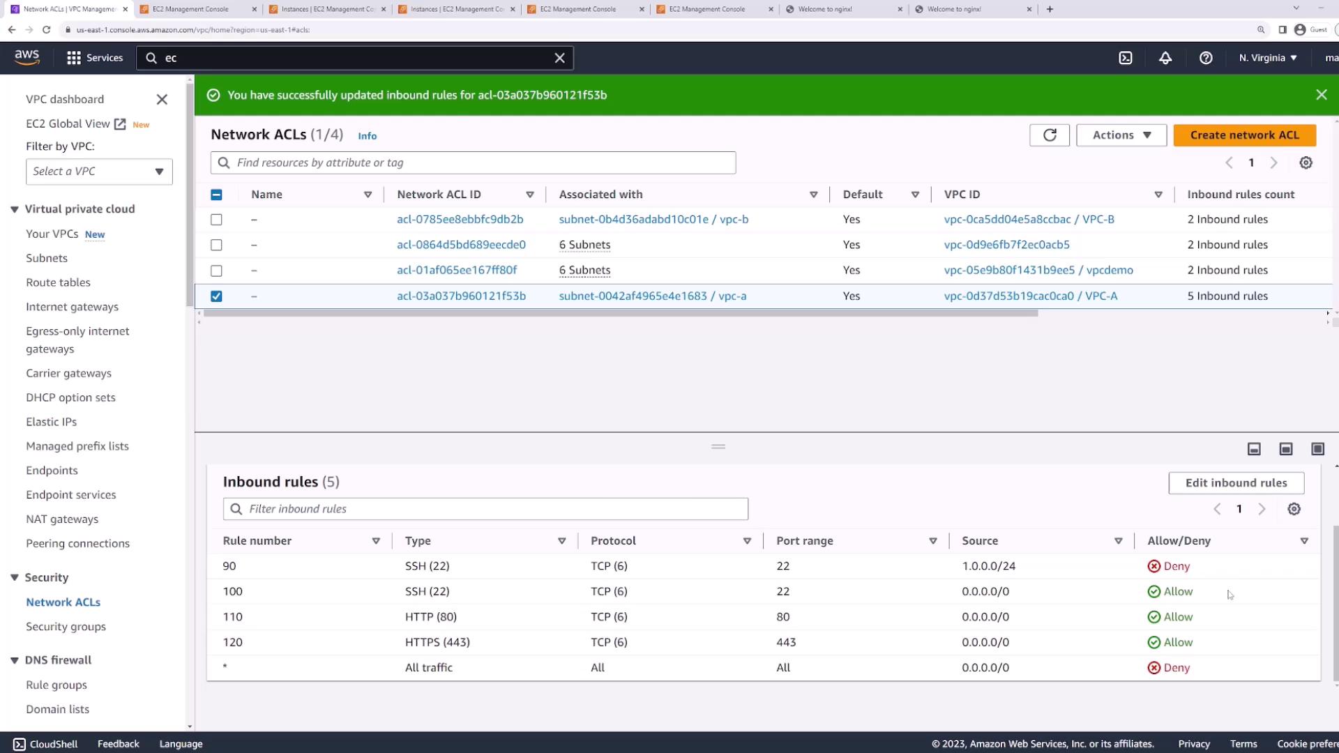 The image shows an AWS VPC Management Console displaying Network ACLs with a list of inbound rules, including SSH, HTTP, and HTTPS protocols, along with their allow or deny statuses.