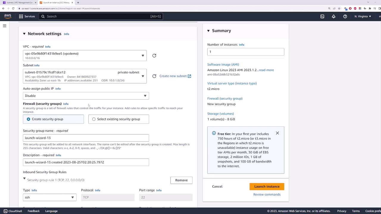 The image shows an AWS EC2 instance launch configuration screen, detailing network settings and a summary of the instance specifications, including VPC, subnet, security group, and instance type.