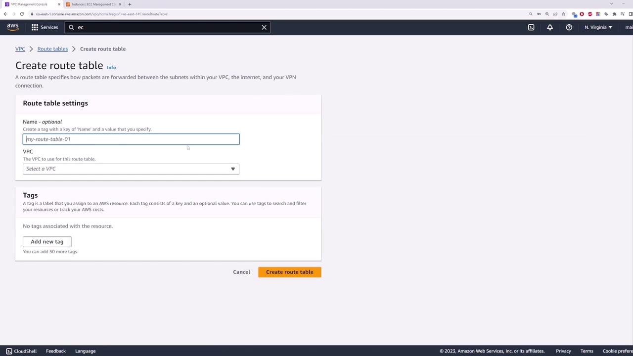 The image shows the AWS Management Console interface for creating a route table, with fields for naming the route table and selecting a VPC.