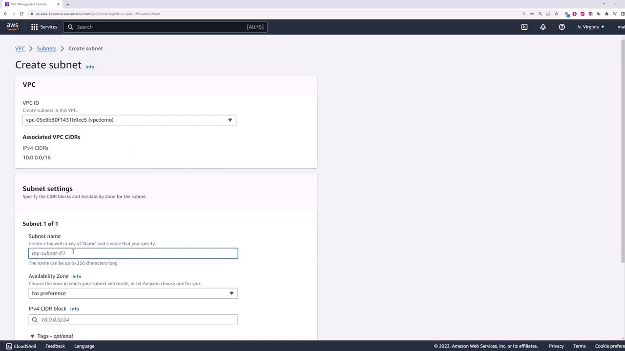 The image shows the AWS Management Console interface for creating a subnet within a VPC, with fields for VPC ID, subnet name, and CIDR block settings.