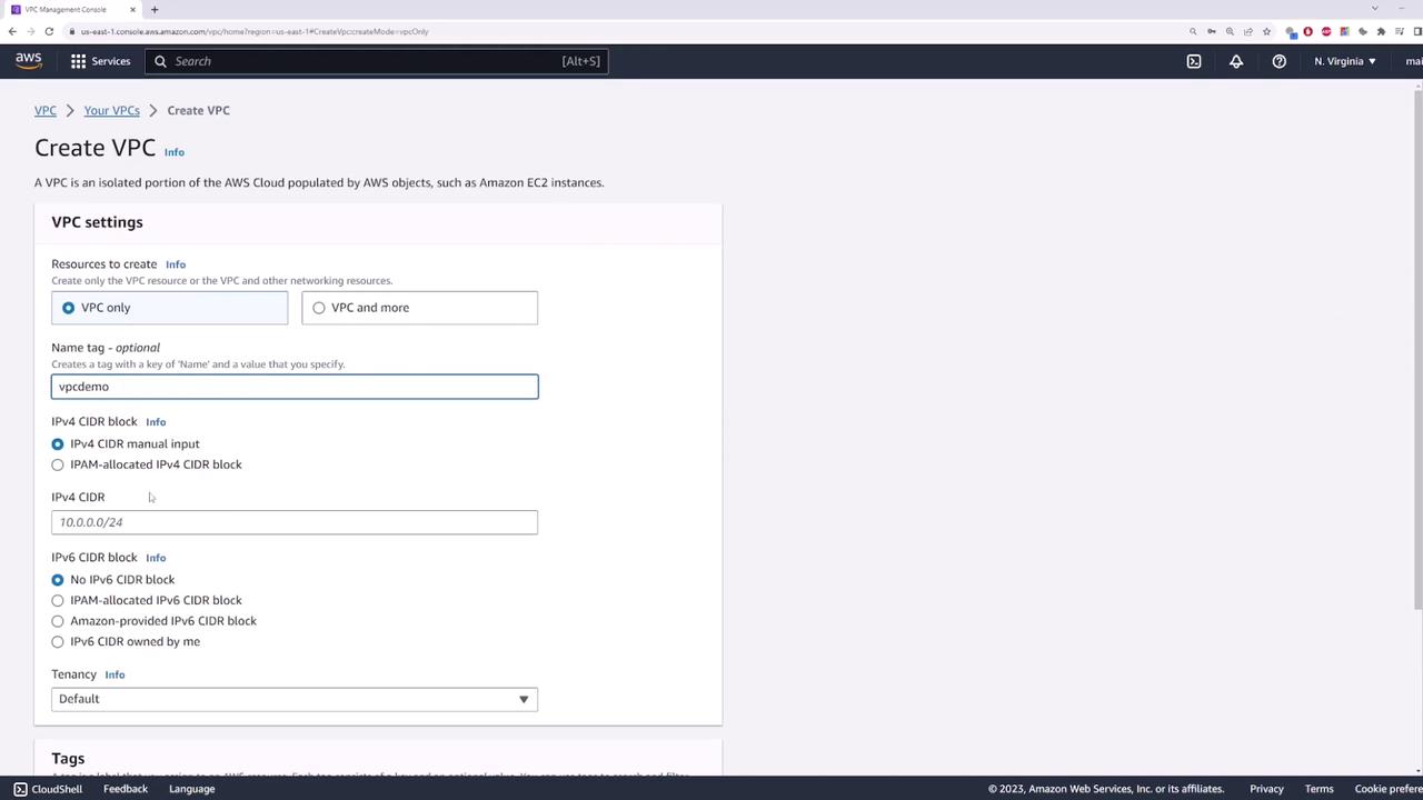 The image shows the AWS Management Console interface for creating a Virtual Private Cloud (VPC), with options to configure settings like IPv4 CIDR block and tenancy.