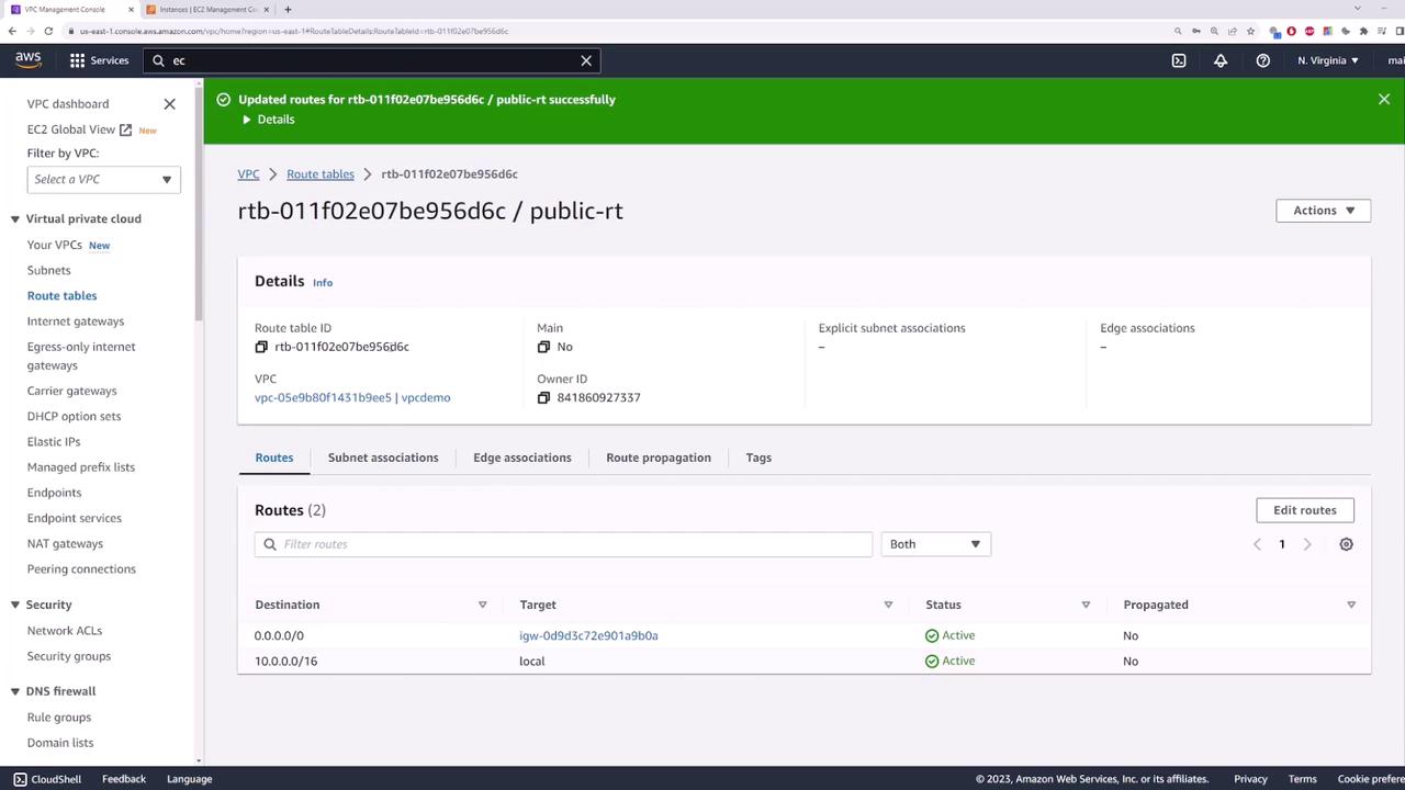 The image shows an AWS Management Console screen displaying details of a VPC route table, including route destinations and their statuses.