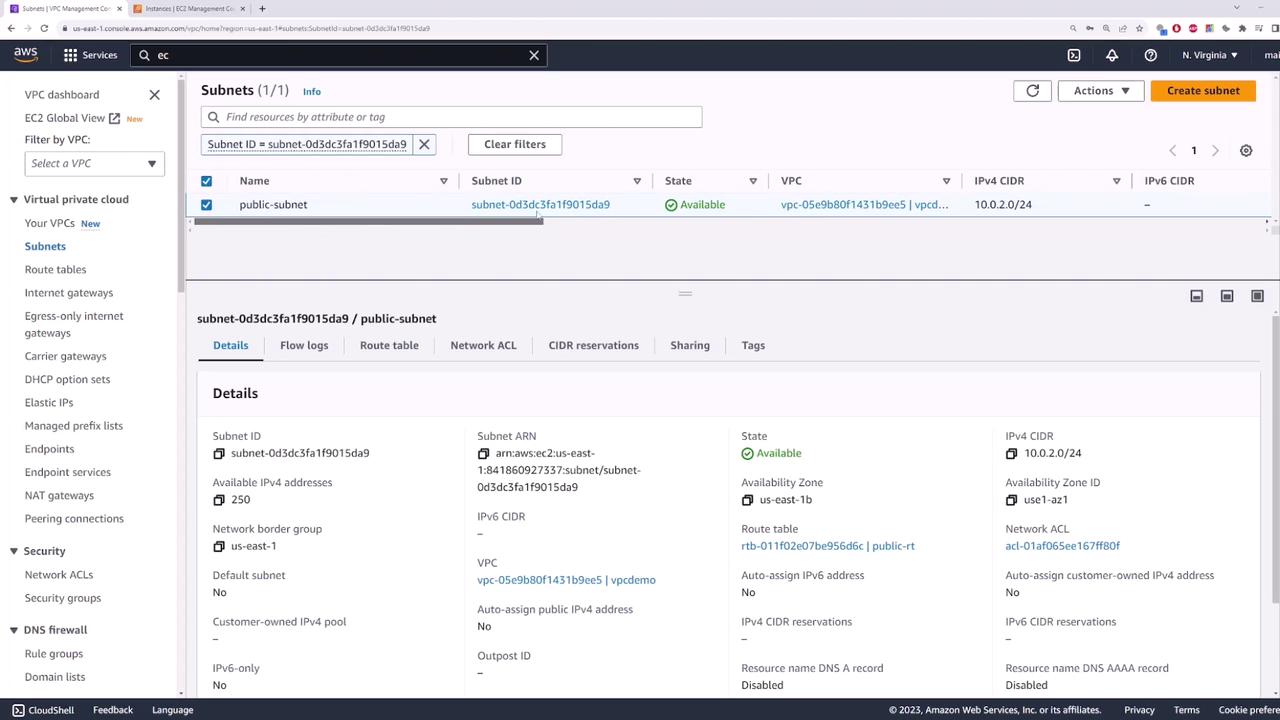 The image shows an AWS Management Console screen displaying details of a subnet within a Virtual Private Cloud (VPC). It includes information such as the subnet ID, state, IPv4 CIDR, and availability zone.