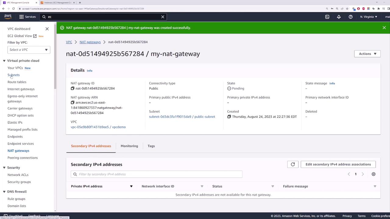 The image shows an AWS Management Console screen displaying details of a NAT gateway, including its ID, connectivity type, state, and associated VPC and subnet information.