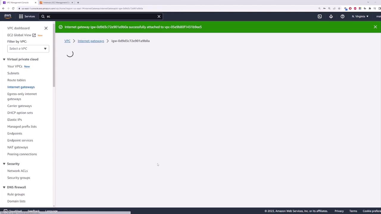 The image shows an AWS Management Console screen, specifically the VPC dashboard, with a notification indicating that an internet gateway has been successfully attached to a VPC.