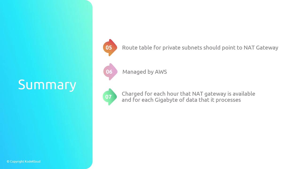 The image is a summary slide with points about NAT Gateway, including routing for private subnets, AWS management, and charging details.