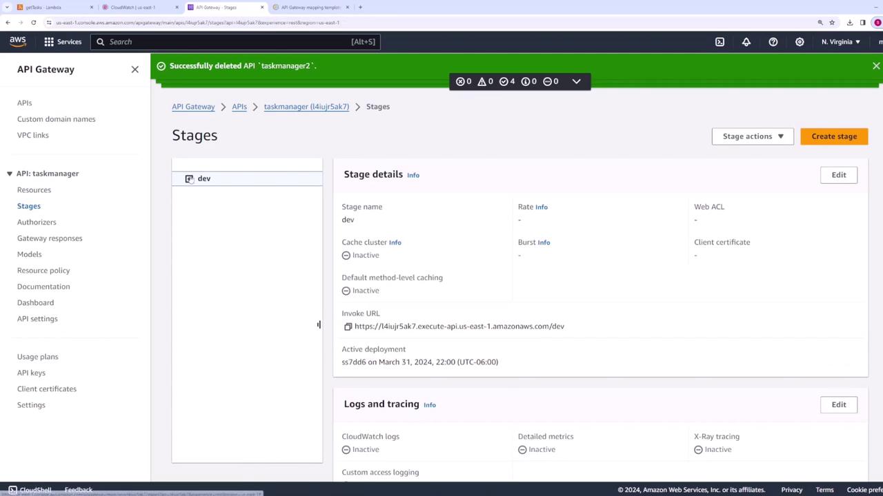 The image shows an AWS API Gateway console with details of a stage named "dev" for an API called "taskmanager." It includes information about the stage's settings, invoke URL, and logging options.