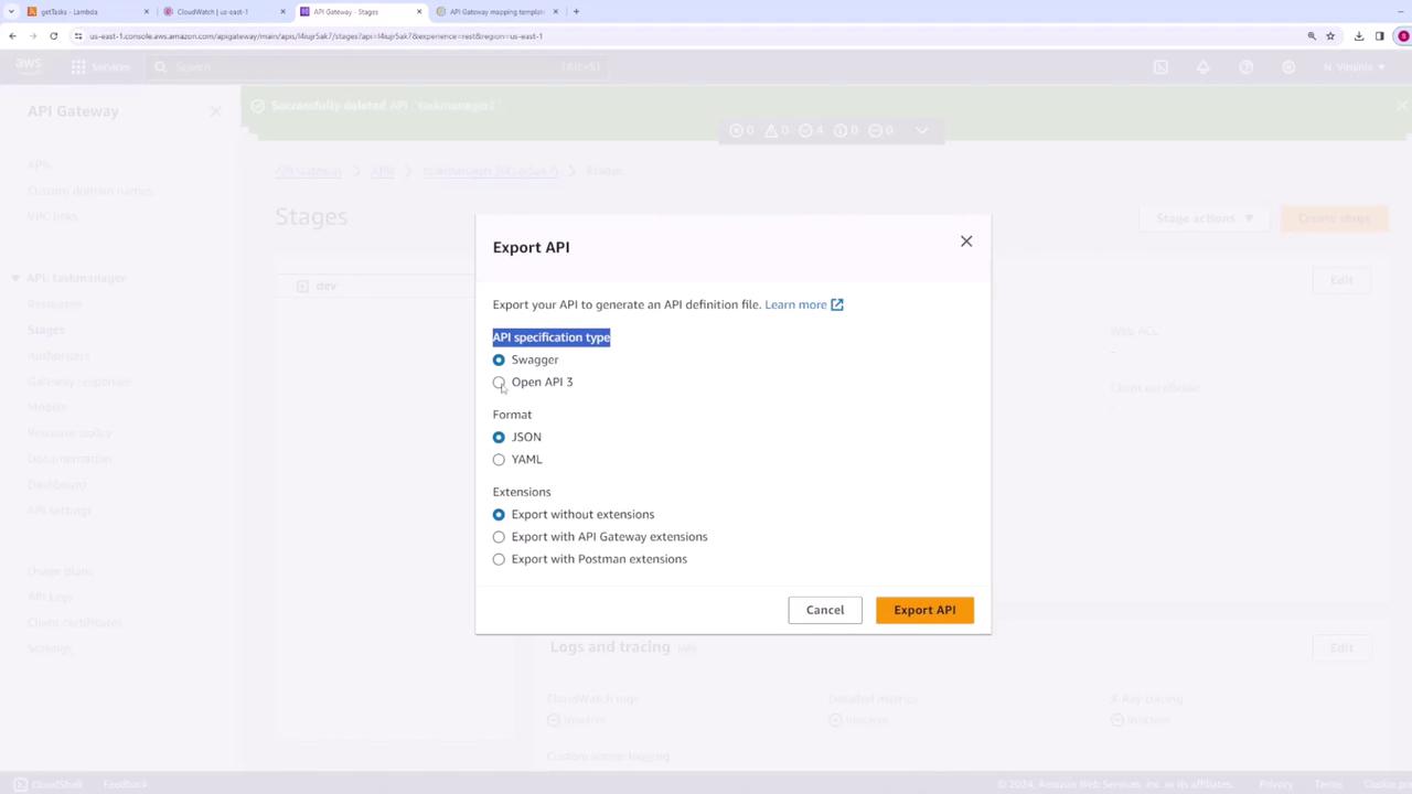 The image shows an "Export API" dialog box from AWS API Gateway, where options for API specification type, format, and extensions are being selected. The user can choose between Swagger and Open API 3, JSON or YAML format, and different extension options before exporting the API.