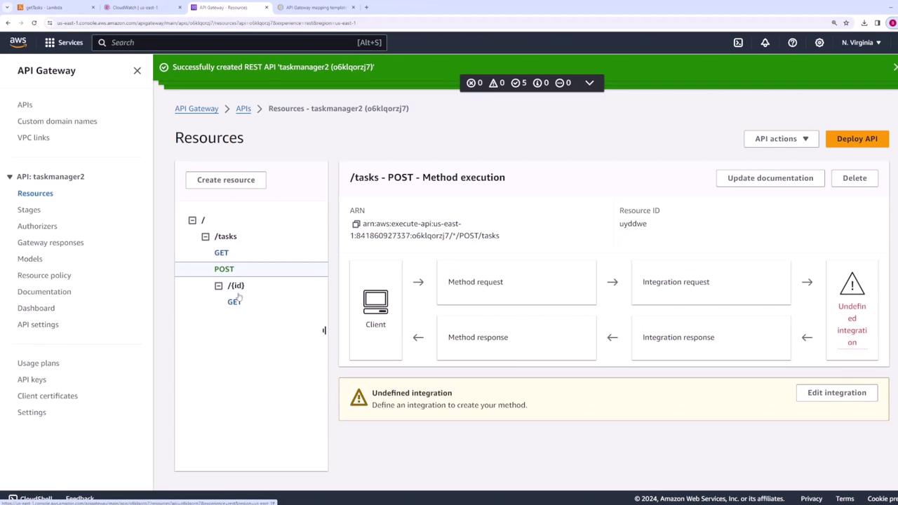 The image shows an AWS API Gateway interface with a POST method for a "/tasks" resource, indicating an undefined integration warning.