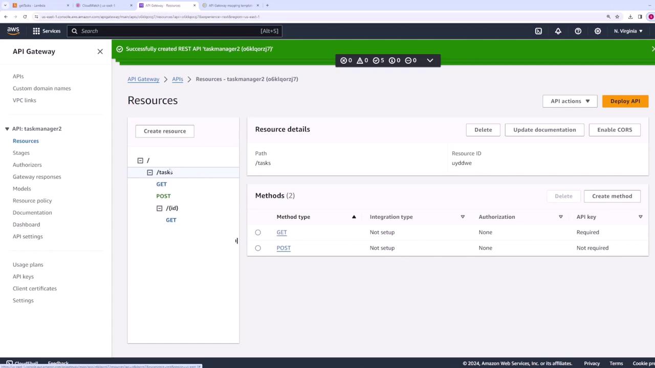 The image shows the AWS API Gateway console, displaying the configuration of a REST API named "taskmanager2" with resources and methods like GET and POST under the "/tasks" path.