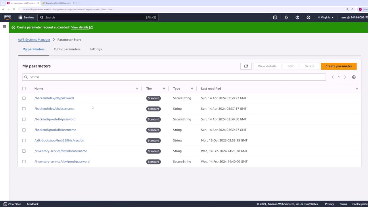 The image shows the AWS Systems Manager Parameter Store interface, displaying a list of parameters with details such as name, tier, type, and last modified date.