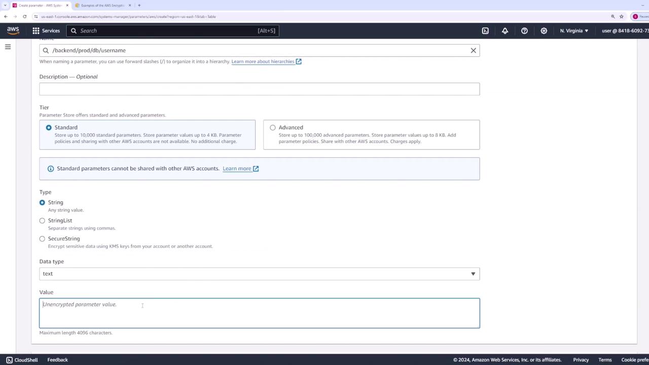 The image shows the AWS Systems Manager console where a user is creating a parameter with options for tier, type, and value input.