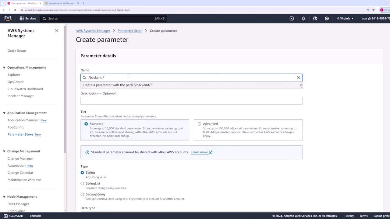 The image shows the AWS Systems Manager interface for creating a parameter, with fields for name, description, tier selection, and type options. The left sidebar displays various management options like Operations Management and Application Management.