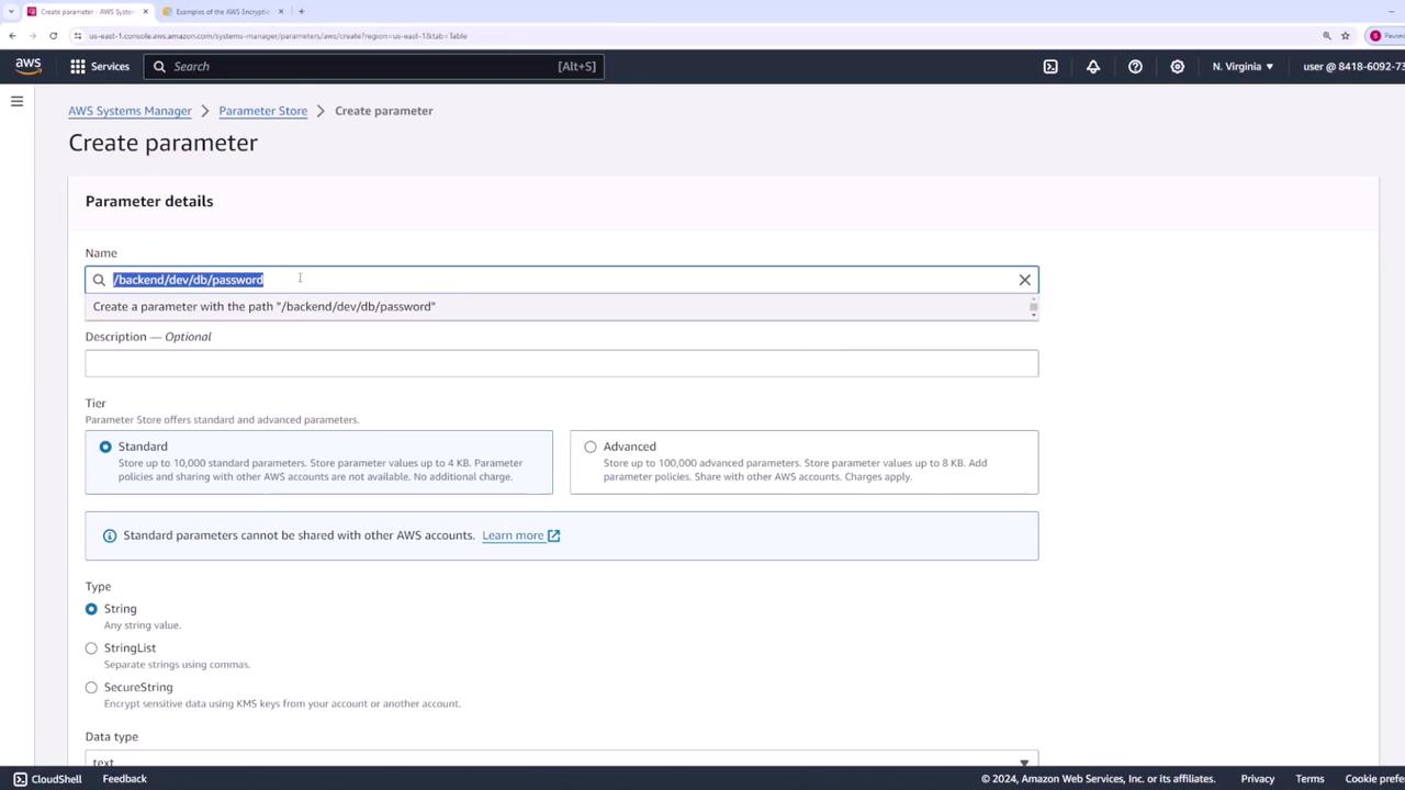 The image shows the AWS Systems Manager Parameter Store interface, where a user is creating a parameter with the path "/backend/dev/db/password." Options for parameter tier and type are also visible.